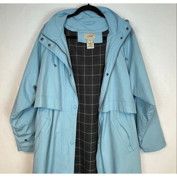 L.L. BEAN Women Trench Coat Large Petite Blue Hooded Long Rain Jacket Wool Lined - Picture 2 of 13